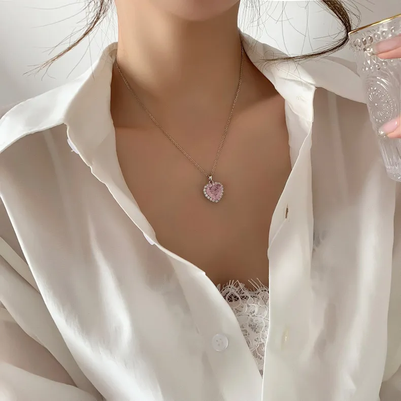 Collares colgantes de moda coreana con circonita rosa para mujer, gargantilla de cadena de clavícula dulce, joyería vintage Kpop_voghion.com