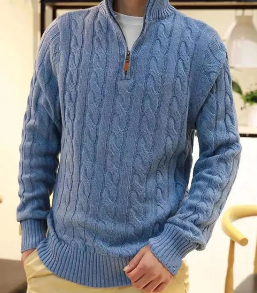 Maglioni da uomo, polo da designer, con mezza cerniera, con cappuccio, manica lunga, lavorato a maglia, con cavallo intrecciato, collo alto, uomo e donna, ricamo_voghion.com