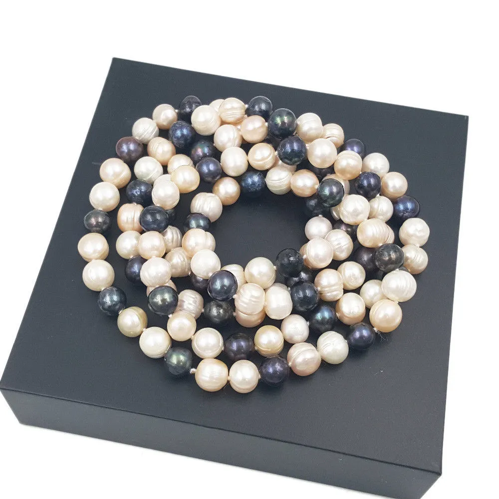 Ketten Handgeknüpfte natürliche barocke 9-10mm Süßwasserperle weiß rosa schwarz lang 106cm Halskette Modeschmuck_voghion.com