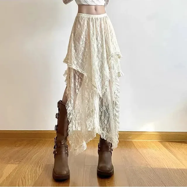 Najprodavanija čipkasta asimetrična suknja za žene, vintage Y2K boho estetska moda, visoki struk, srednje suknje, ljetne ženske odjevne kombinacije za praznike_voghion.com