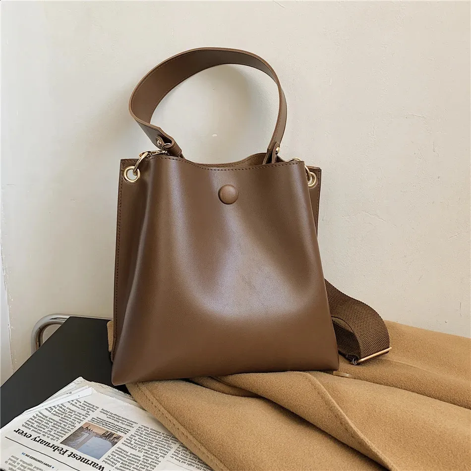 Elegante Damen Bucket Bag Aus Leder Mit Breitem Schultergurt_voghion.com