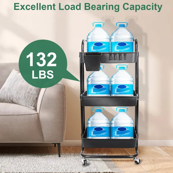3 Tier Rolling Utility Cart Movable Storage Organizer With Mesh Baskets Lockable Wheels 360 Degree Rotatable Hanging Box Hooks Bedroom Bathroom Kitc_voghion.com
