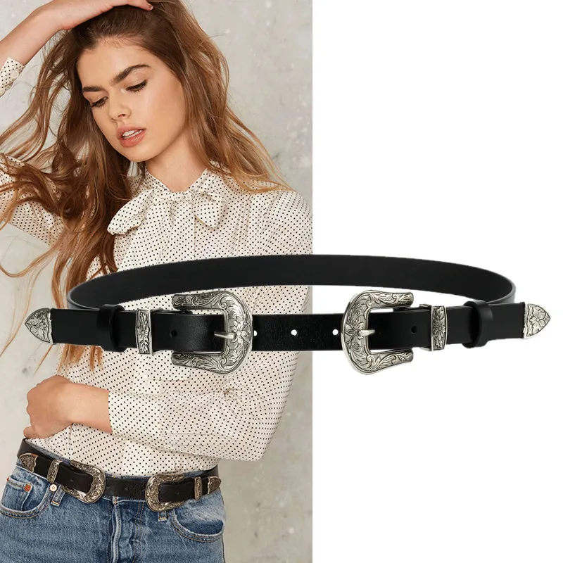Retro double head simple genuine leather Korean version of sier needle buckle women's casual belt_voghion.com