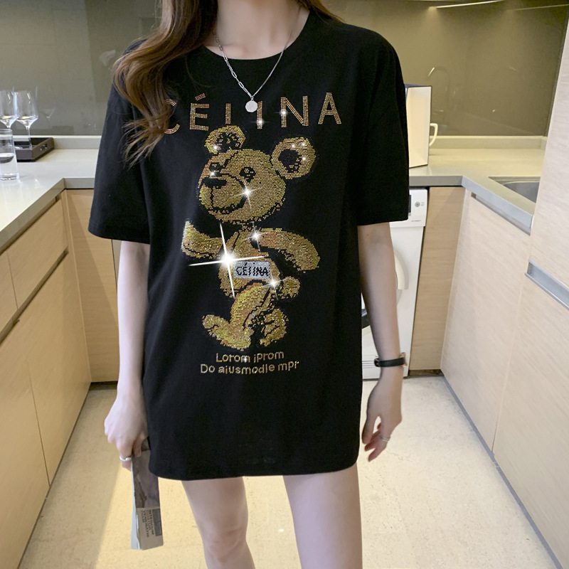 T-shirt estiva a maniche corte nera Bear Hot Diamond da donna in cotone pettinato, versione ampia di media lunghezza_voghion.com