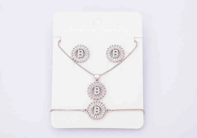 Charm Initial Necklace + Stud Earrings Bracelet Sets Jewelry Copper Zircon White Color A-z 26 Letters Alphabet_voghion.com