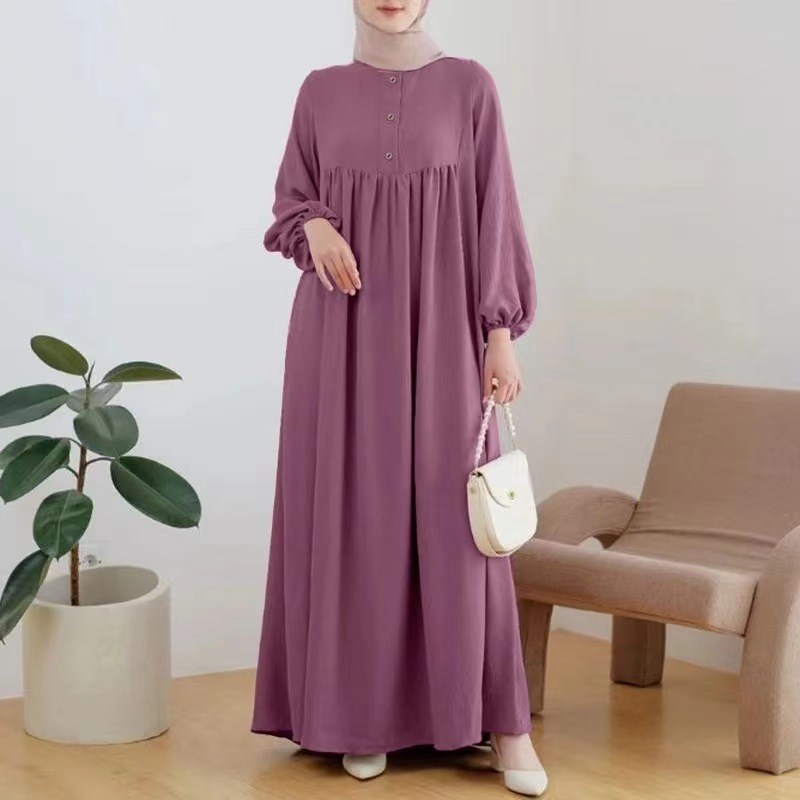Women's robe spring and autumn fashion leisure puff sleeve simple solid color dress