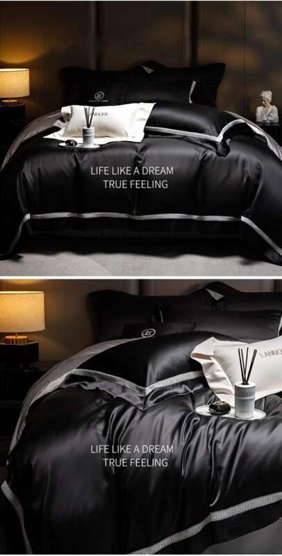 High End Water Gloss Silk Satin Ultra-fine Denier Lyocell Cotton Four Piece Hollow Out Light Luxury Duvet Set Bedding_voghion.com