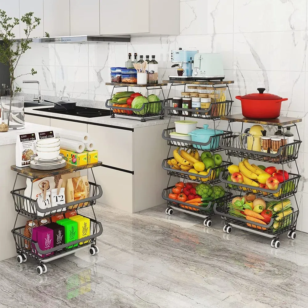 4/5/6 Tier Fruit Basket For Kitchen Organizers And Storage,with Solid Wood Top,Stackable Metal Wire Basket Stand Cart With Wheels For Fruit Vegetable_voghion.com