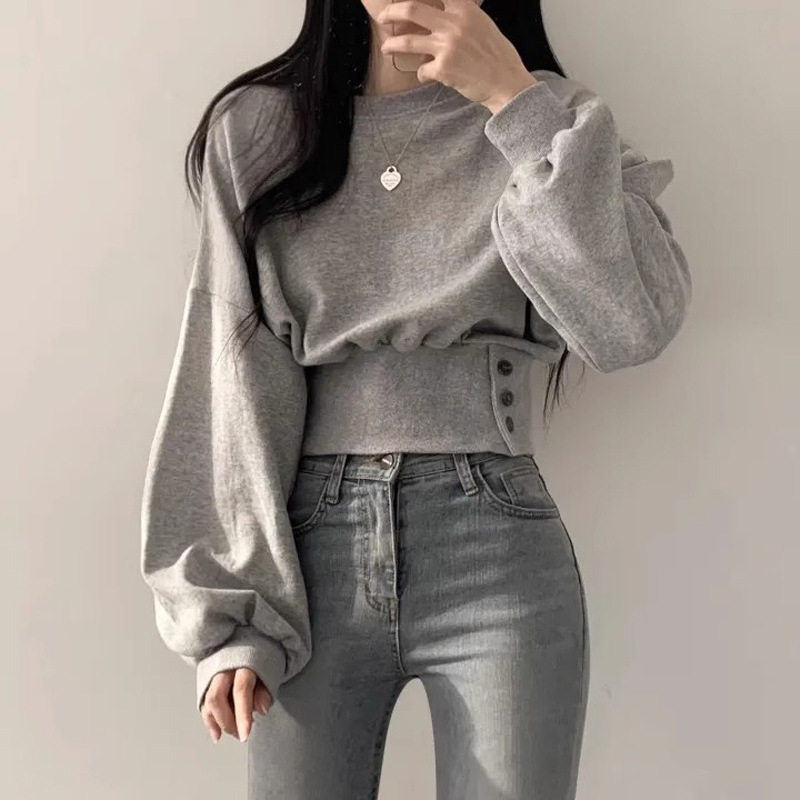 Real Shot Solid Color Short Waist-Cinching Round Neck Fleece-Lined Sweatshirt For Women, Autumn Thin Versatile Loose_voghion.com