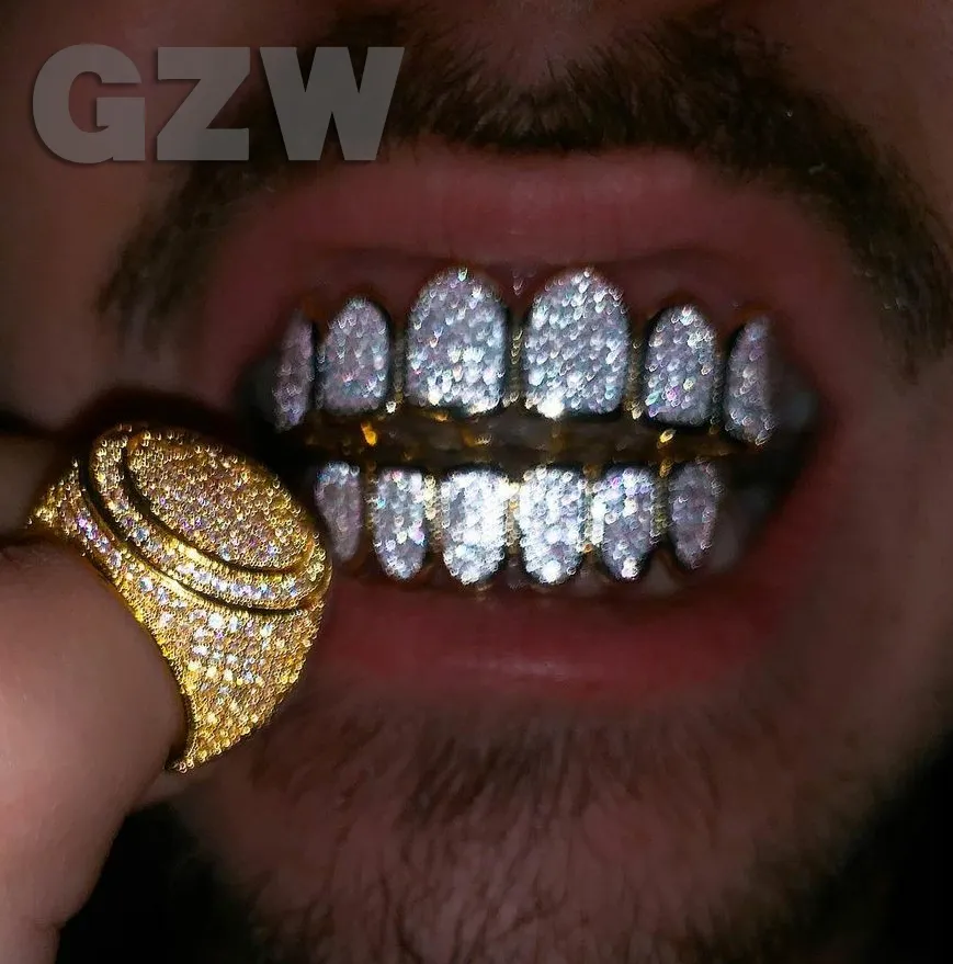 Real Gold Teeth Fang Grillz Punk Hip Hop Cubic Zircon Iced Out Vampire Dental Mouth Grills Braces Tooth Cap Rapper_voghion.com