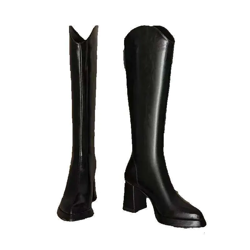 Zapatos de mujer a la moda nuevos de punta puntiaguda con tacón grueso para mujer hasta la rodilla botas largas marrones cálidas de invierno atos de mujer 240612 s_voghion.com