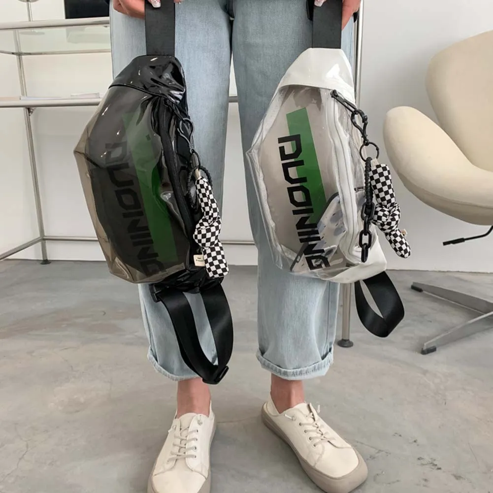 Fashion Fanny Packs Unisex Clear PVC Waist Pouch Multi-functional Letter Printed With Pendant Adjustable Buckle Strap_voghion.com