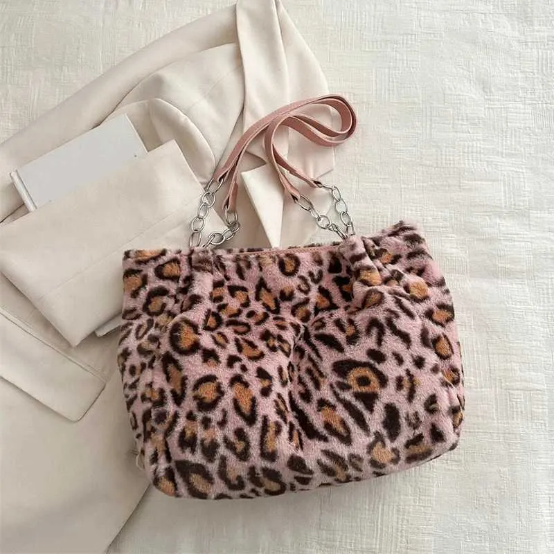 Sac à main en peluche à motif léopard vibrant, simple, grande capacité, moelleux, à bandoulière, style coréen, mode décontractée, chaîne_voghion.com