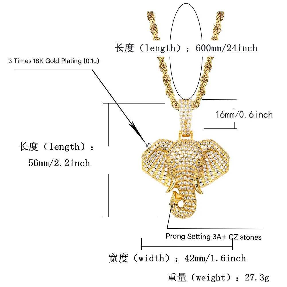 New Fashion personalized Real Gold Bling Diamond Elephant Head Hip Hop Pendant Necklace Cubic Zirconia Rapper Jewelry_voghion.com