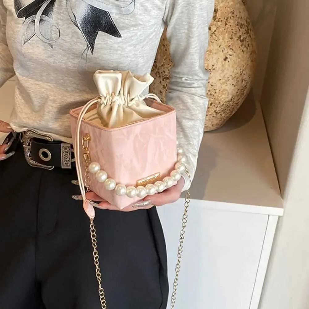 Borsa a tracolla con tracolla a catena quadrata in pelle PU da donna alla moda, con perle, stile vintage, con coulisse, LadyC241212_voghion.com