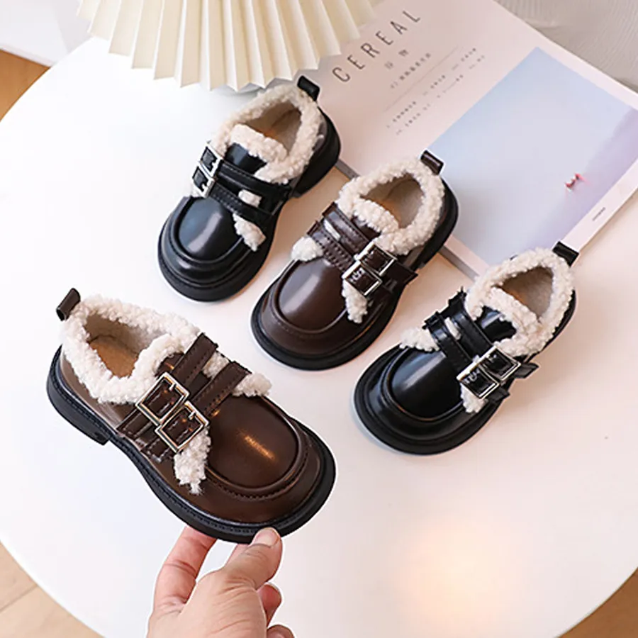 Children Leather Loafers For Boys Girls Winter Thick Soled Lamb Wool Warm Girl Uniform Princess School Cotton Shoes_voghion.com