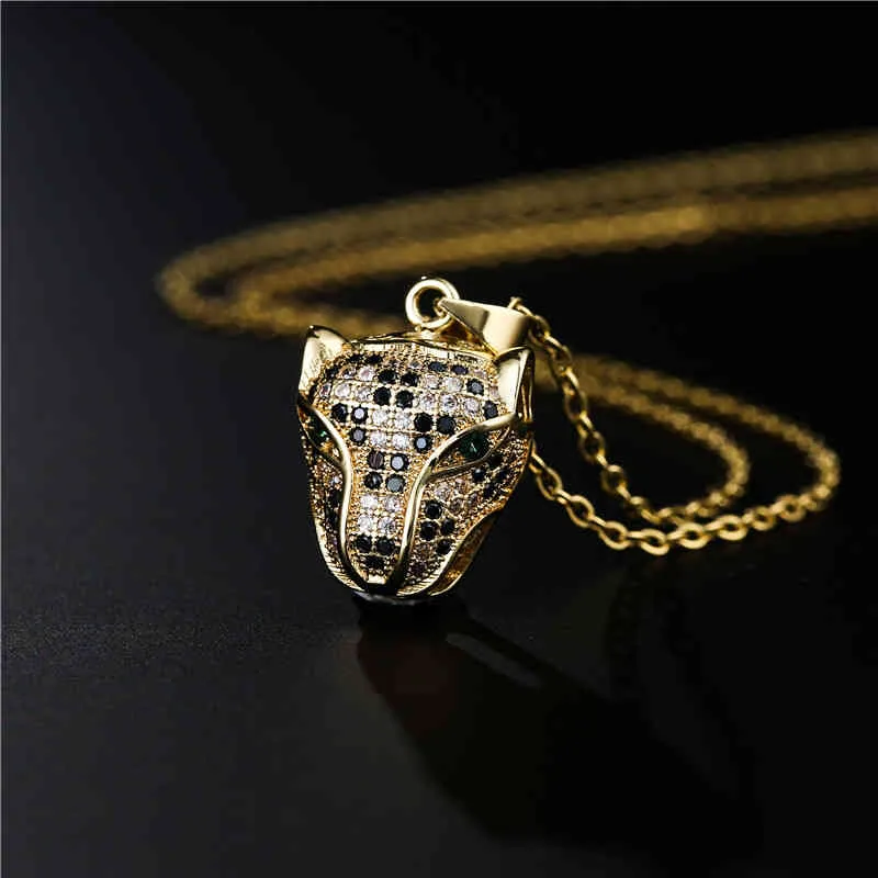 Leopard Head Pendant Necklace Gold Plated Cubic Zirconia Jewelry_voghion.com