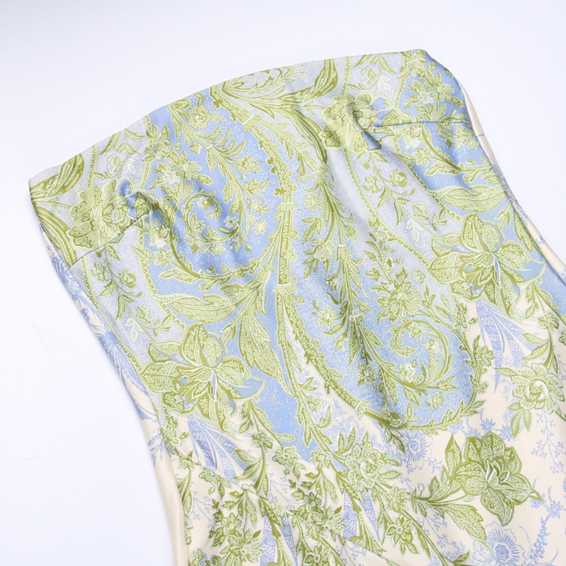 Temperament Mesh Printed Wrap Hip Split Tube Top Long Dress_voghion.com