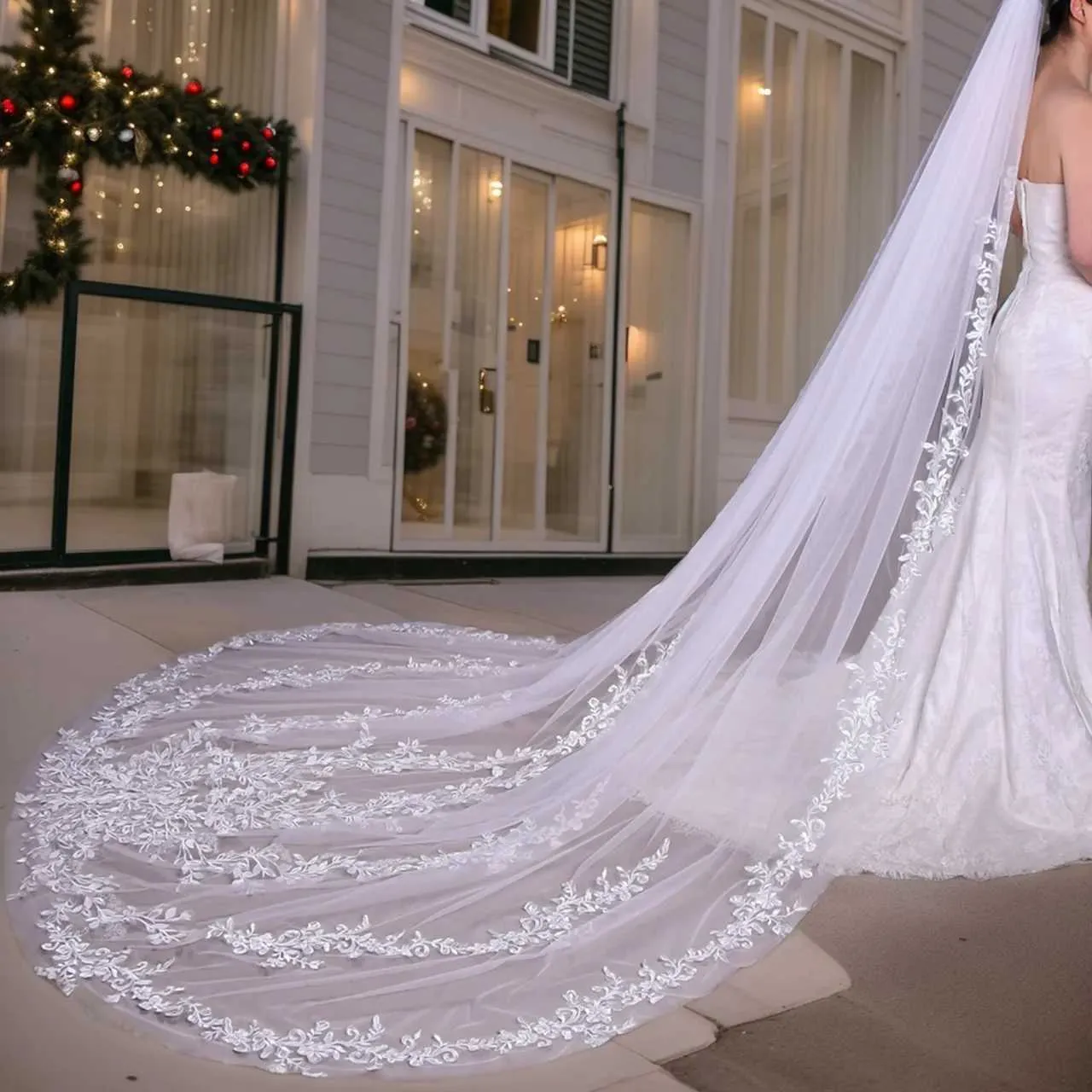 Hair Jewelry V222 Long Full Edge Lace 1 Tier Bridal Veil With Comb 3M Cathedral Length Mantilla Wedding Accessories For_voghion.com