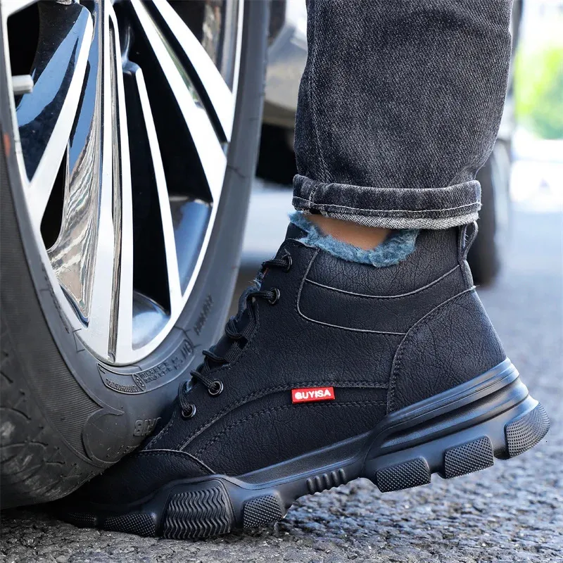 Bottes de sécurité en cuir noir pour homme, chaussures de travail imperméables et résistantes à la pression des clous, bout en acier inoxydable_voghion.com