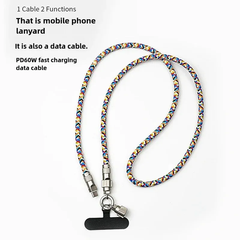 USB Charging 2-in-1 Type C Anti-Lost Rope Braided Lanyard PD 100W Fast Data Cable For Iphone15 Samsung_voghion.com
