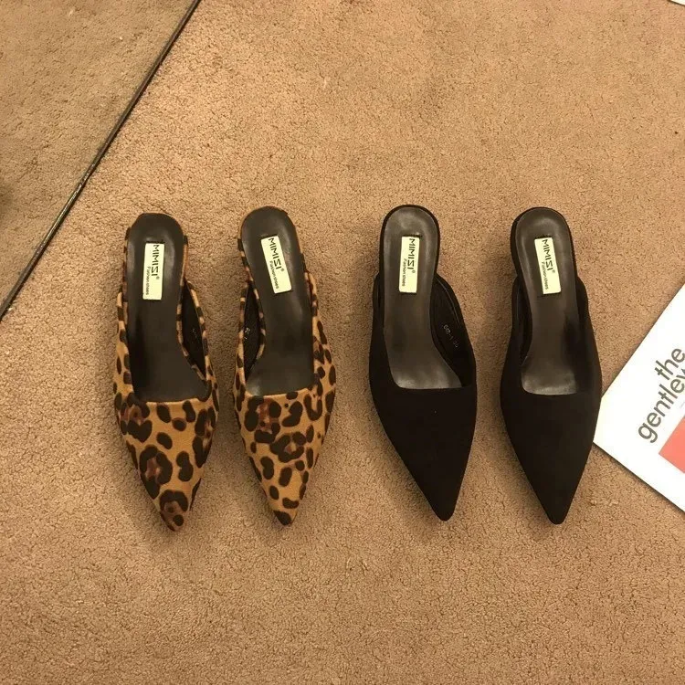 Pointed Toe Leopard Print Mules Elegant Low Heel Womens Shoes_voghion.com