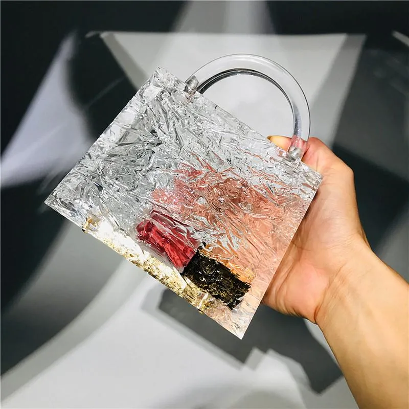 Borsa a mano trasparente con motivo a crepe di ghiaccio, pochette trasparente per donna, borsa da sera con secchiello e catena in acrilico 2024_voghion.com