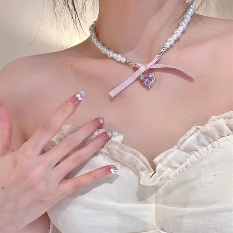 Collane con ciondolo Collana francese romantica con fiocco rosa e perla disegnata da una minoranza femminile Sweety Clavicle Choker_voghion.com