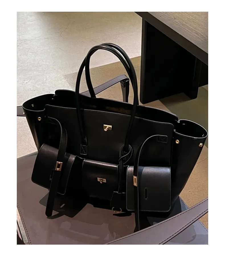 Women Large Capacity Travel Lage Black Bag High Quality Square Buckle Design Shoulder Handbag Shopper_voghion.com