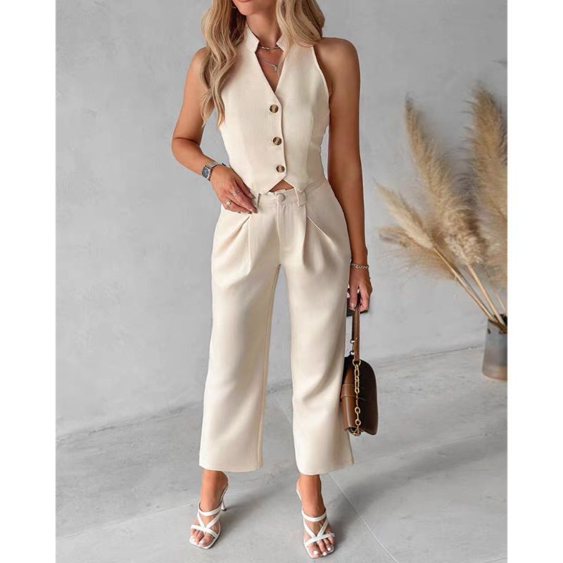 Îmbrăcăminte pentru femei, maiou cu nasturi, pantaloni largi, costum casual_voghion.com