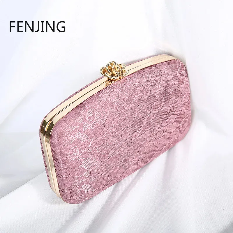 Damen Rosa Spitze Abend Clutch Handtasche Metall Rose Knopf Umhängetasche Kette Braut Geldbörse Bolsas 240827_voghion.com