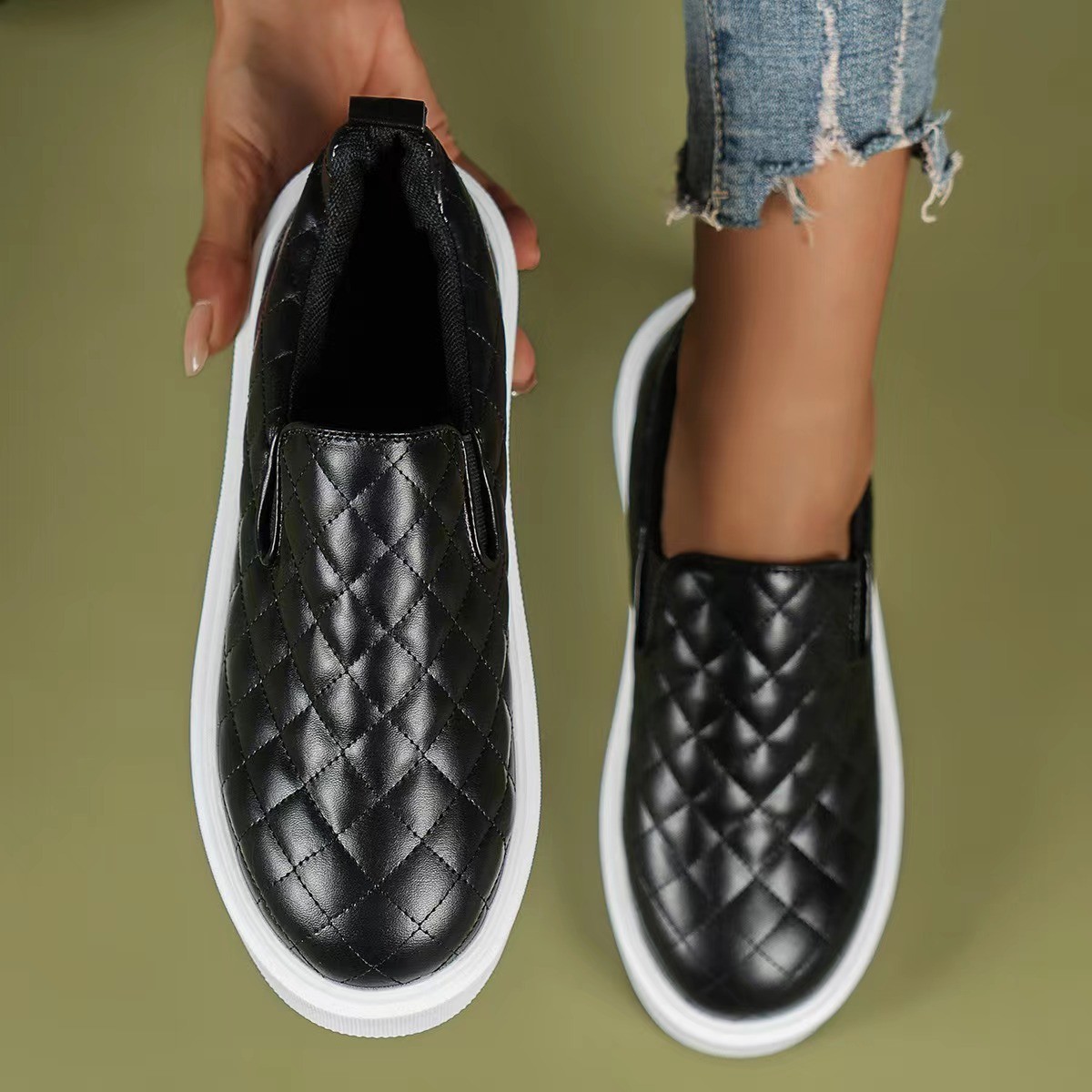 Damenmode große Größe flache flache runde Kopf niedrige karierte Einzelschuhe für Frauen einfache einfarbige Fußset faule Halbschuhe_voghion.com