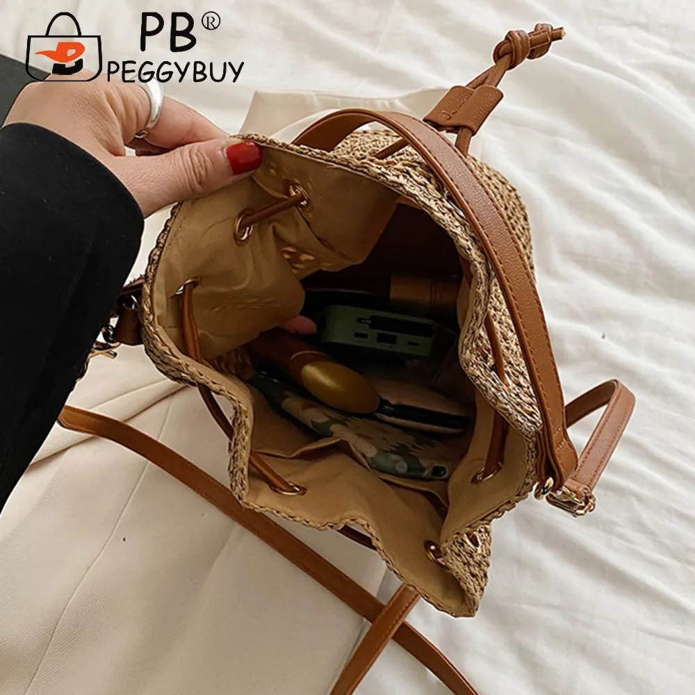 Summer Women Handbags Drawstring Straw Beach Crossbody Bags Adjustable Strap Fashion Casual Simple Elegant For Weekend_voghion.com
