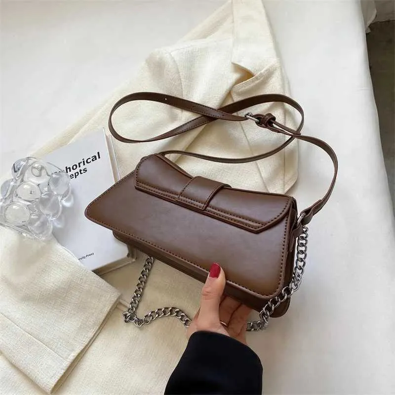 Borsa a tracolla con catena da donna in tinta unita, piccola borsa in pelle PU e portafoglio, vintage, marchio da donna, con patta, tracolla SG_voghion.com