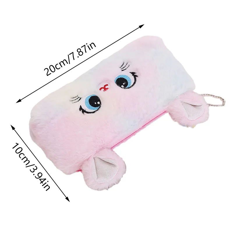 Trousse à crayons grande capacité en peluche avec motif de chat dégradé de couleurs, jolie trousse de rangement pour fournitures de papeterie et pièces de monnaie_voghion.com