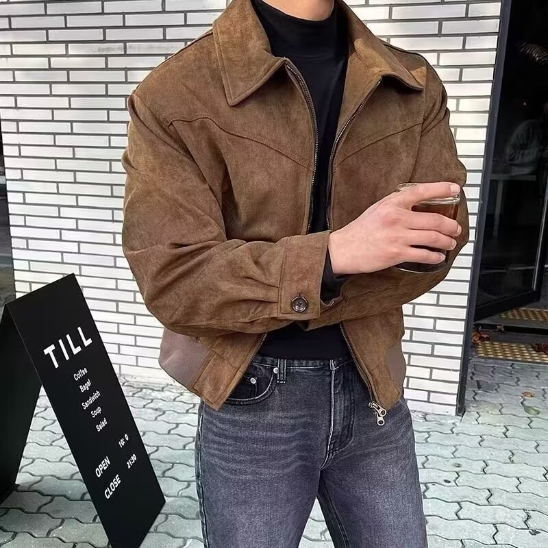 Men's Winter Faux Suede Bomber Jacket With Stand Collar - Trendy Loose Fit Unisex Zip Up Outerwear For Casual Streetwear ( )