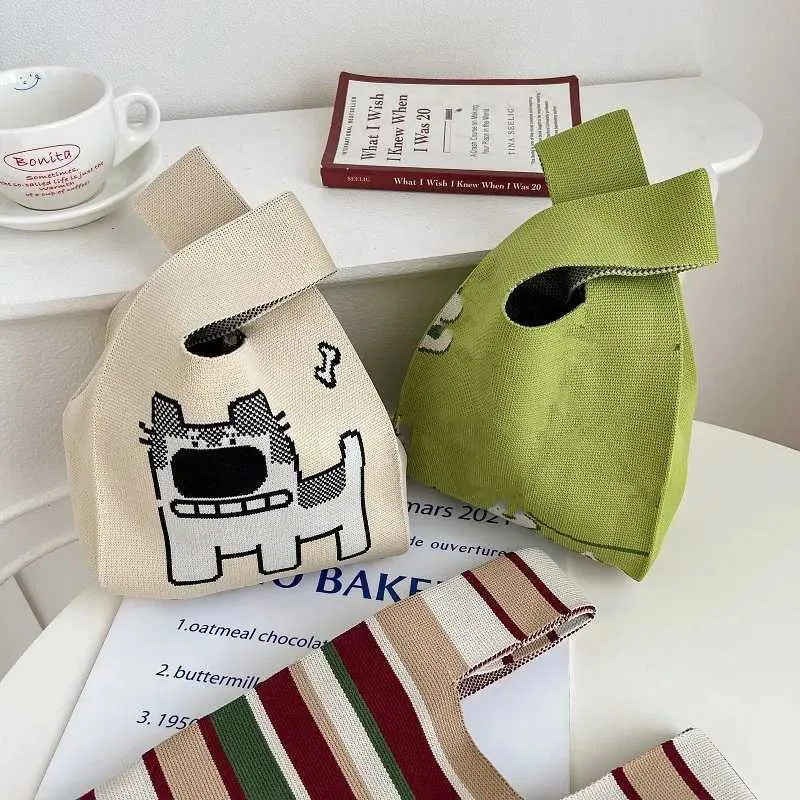 New wide striped handbag smallest Korean hand woven mini knot wrist reusable shopping bag Y241106_voghion.com