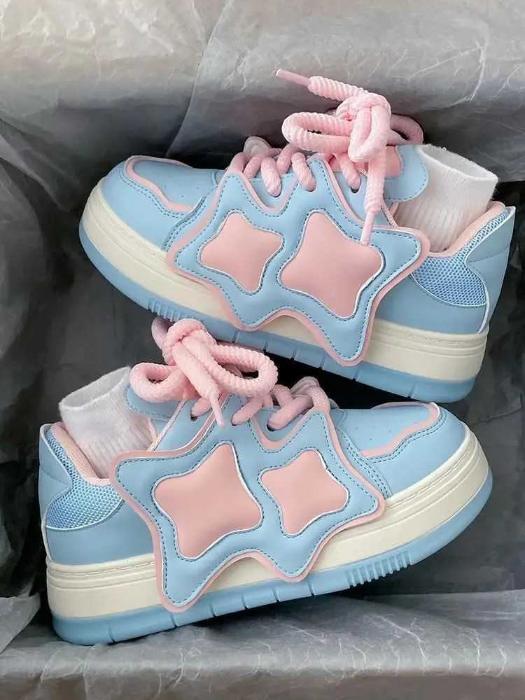 Scarpe da ginnastica con plateau rosa e blu da donna, scarpe sportive kawaii, casual, da tennis, da donna, basse, vintage, con suola spessa, coreane, carine_voghion.com