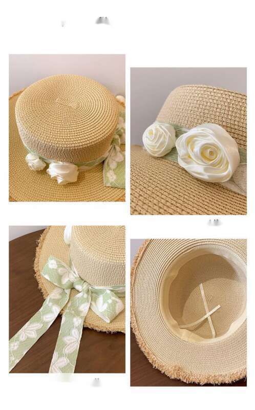 Cappello da spiaggia estivo da donna con tesa larga e fiore in paglia con fiocco e parte superiore piatta Lafite_voghion.com
