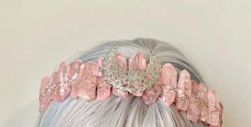 Wedding Real Crystal Quartz Druzy Crown Gothic Moon Raw Stone Wand Hairpin Tiara Witchcraft Comb Hair Woman Wed_voghion.com