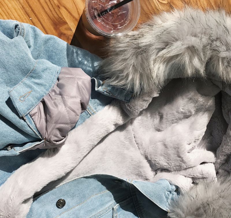 Vêtements pour femmes, hauts en jean à col en fourrure épaisse, vestes courtes amples en coton pelucheux pour femmes_voghion.com
