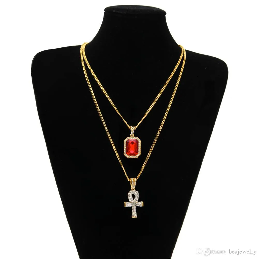 Neue Mode Ägyptischen Ankh Schlüssel des Lebens Bling Strass Kreuz mit Rot Rubin Anhänger Halskette Set Männer Hip Hop Schmuck Geschenk_voghion.com