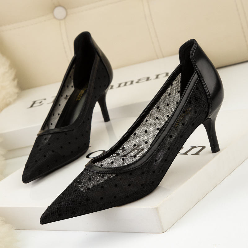 Stiletto pumps mujer punta mesh lunares tacones altos elegantes_voghion.com
