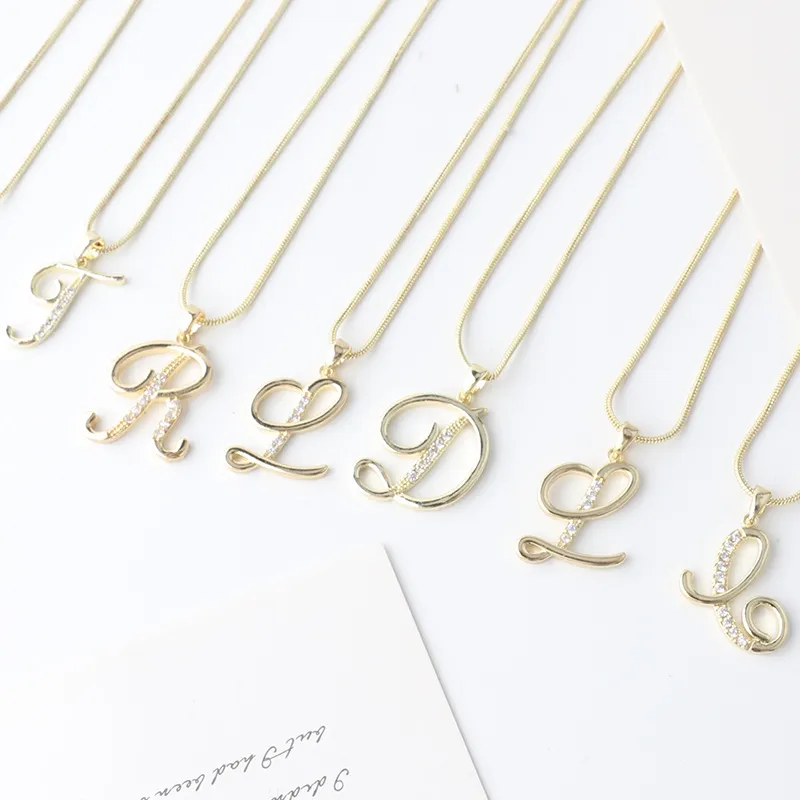 Colliers pendentifs personnalisés CZ A-Z Alphabet Collier Bijoux Plaqué Or Lettre Initiale Cursive Vieil Anglais_voghion.com