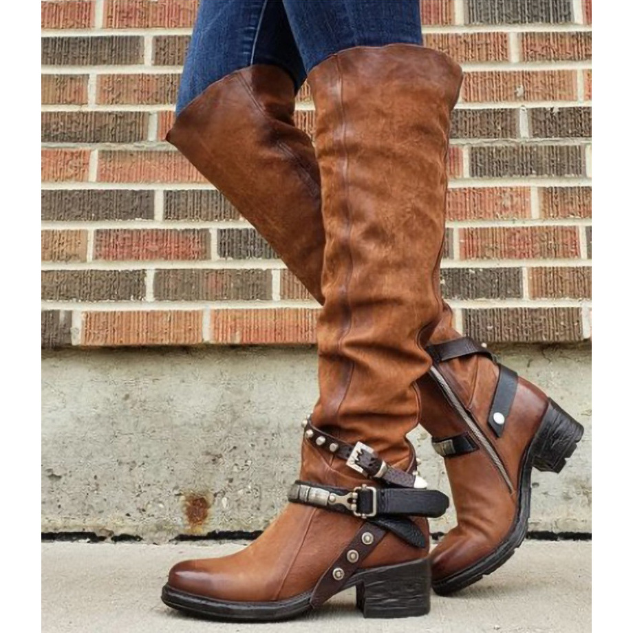 Women's Shoes new belt buckle long boots women's boots thick heel medium heel large 43