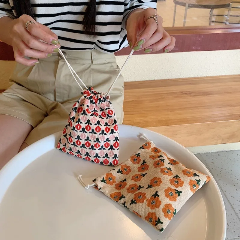 Floral Plaid Canvas Drawstring Cristmas Gift Candy Jewelry Cosmetics Coins Keys Organizer Packing Bags Storage Bag_voghion.com