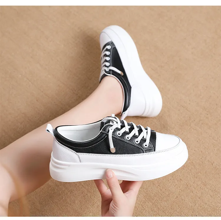 Γνήσιο Δερμάτινο Γυναικείο Κορεατικό Μικρό Λευκό Άνοιξη-Καλοκαίρι Σφουγγάρι Κέικ με Χοντρές Σόλες και Δαντέλα Αθλητικά Παπούτσια_voghion.com