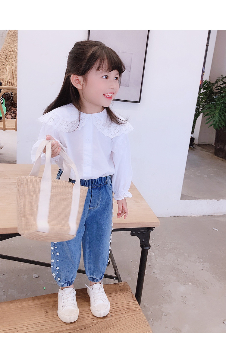 Jeans per bambine e bambini, autunno, versione coreana, per bambini, piccoli e medi, con perline, di colore chiaro, con risvolto, pantaloni casual, un pezzo, consegna_voghion.com