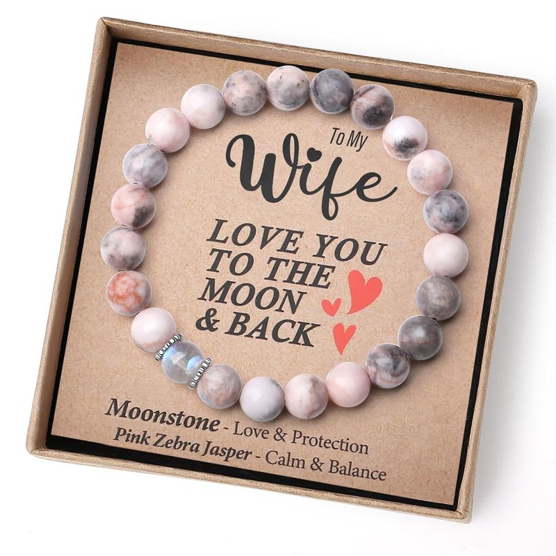 Braccialetto con corda elastica in pietra vulcanica zebrata, pietra di luna, regalo per la festa della mamma e del papà_voghion.com