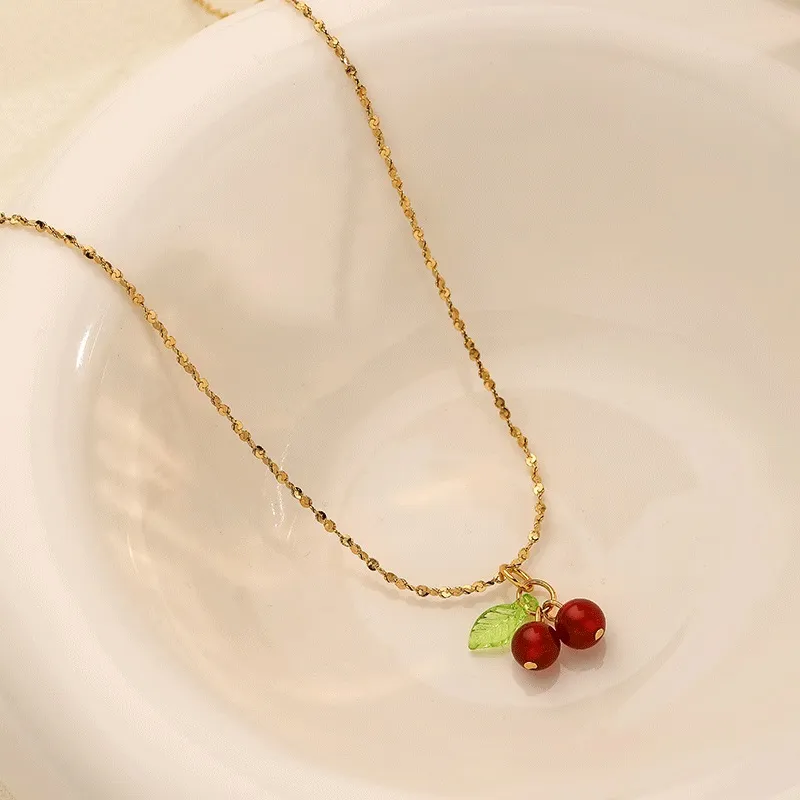 Pendant Necklaces Shoemaking Lovely Cherry Fruit Necklace Stainless Steel Fashion Student Jewelry For Girls Ladies Gift_voghion.com
